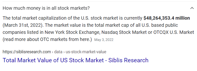 48 trillion dollars us claim of assets in stock divided by 333 million people=4,937.00 per american face; babies and all. you got yours; someone does