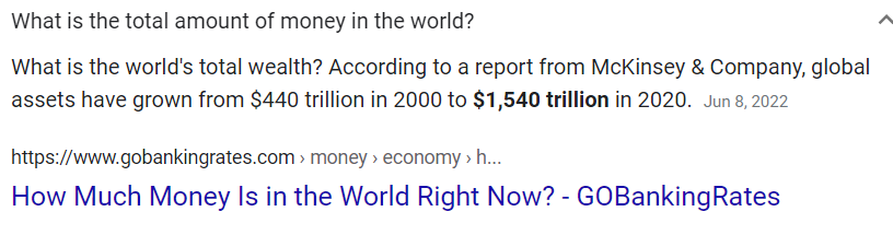 1,54 quadrillion dollars divided by 8.2 billion people= 7,804 dollars per human face on the planet divided equally; you got yours